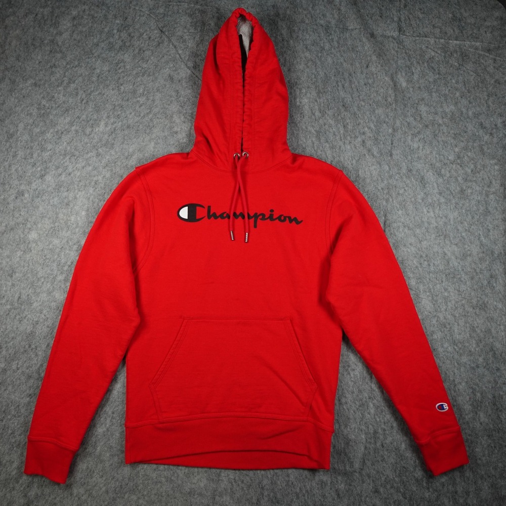 Champion Hoodie Men Small Red Script Logo Graphic Fleece Pullover